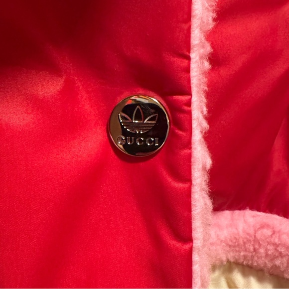 New Gucci x Adidas Logo Pink Puffer Fleece Double Sided Jacket Size 42 / US L - Picture 15 of 16